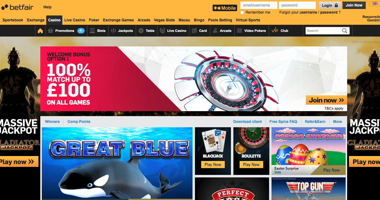 Betfair casino homepage