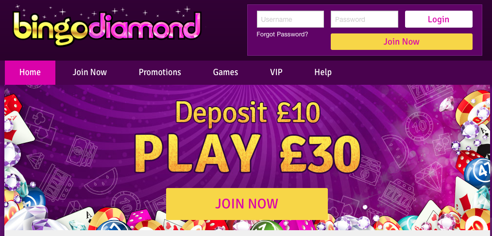 Bingo Diamond cashback homepage