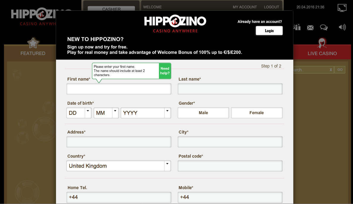 hippozino sign up form
